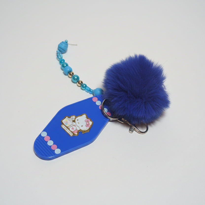 Blue Pompom Kawaii Cat Keychain