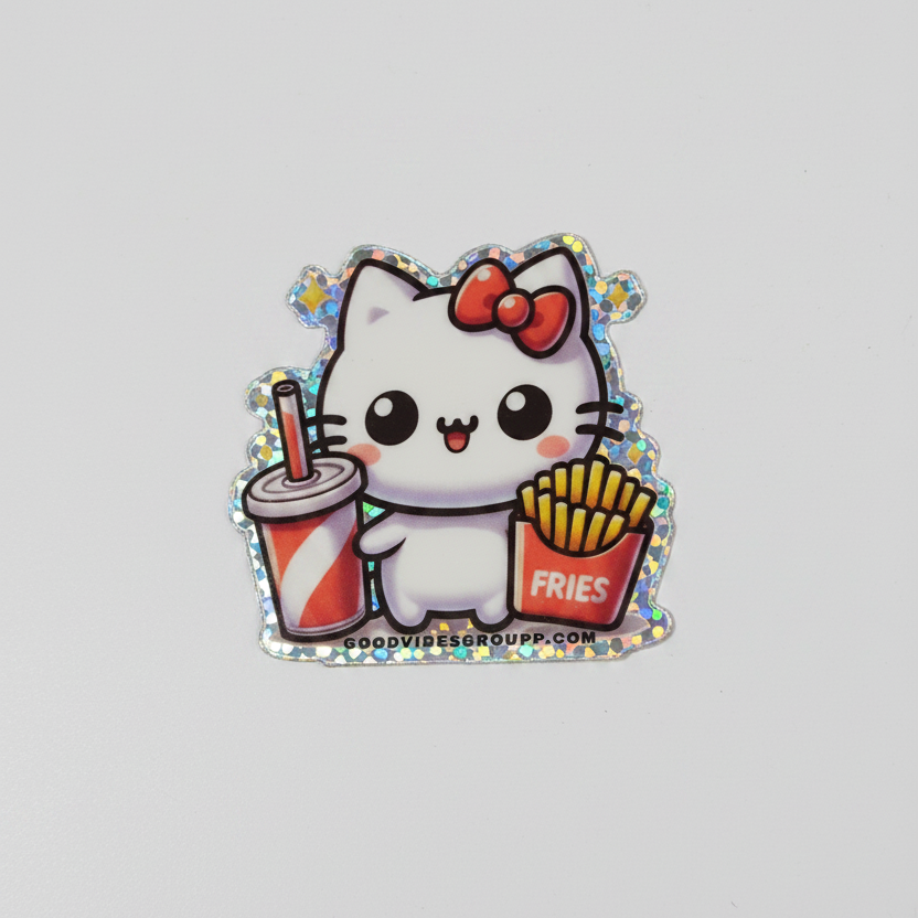 French Fries Soda Cat Set Magnet and Rainbow Glitter Sticker