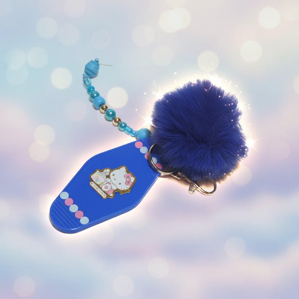 Blue Pompom Kawaii Cat Keychain